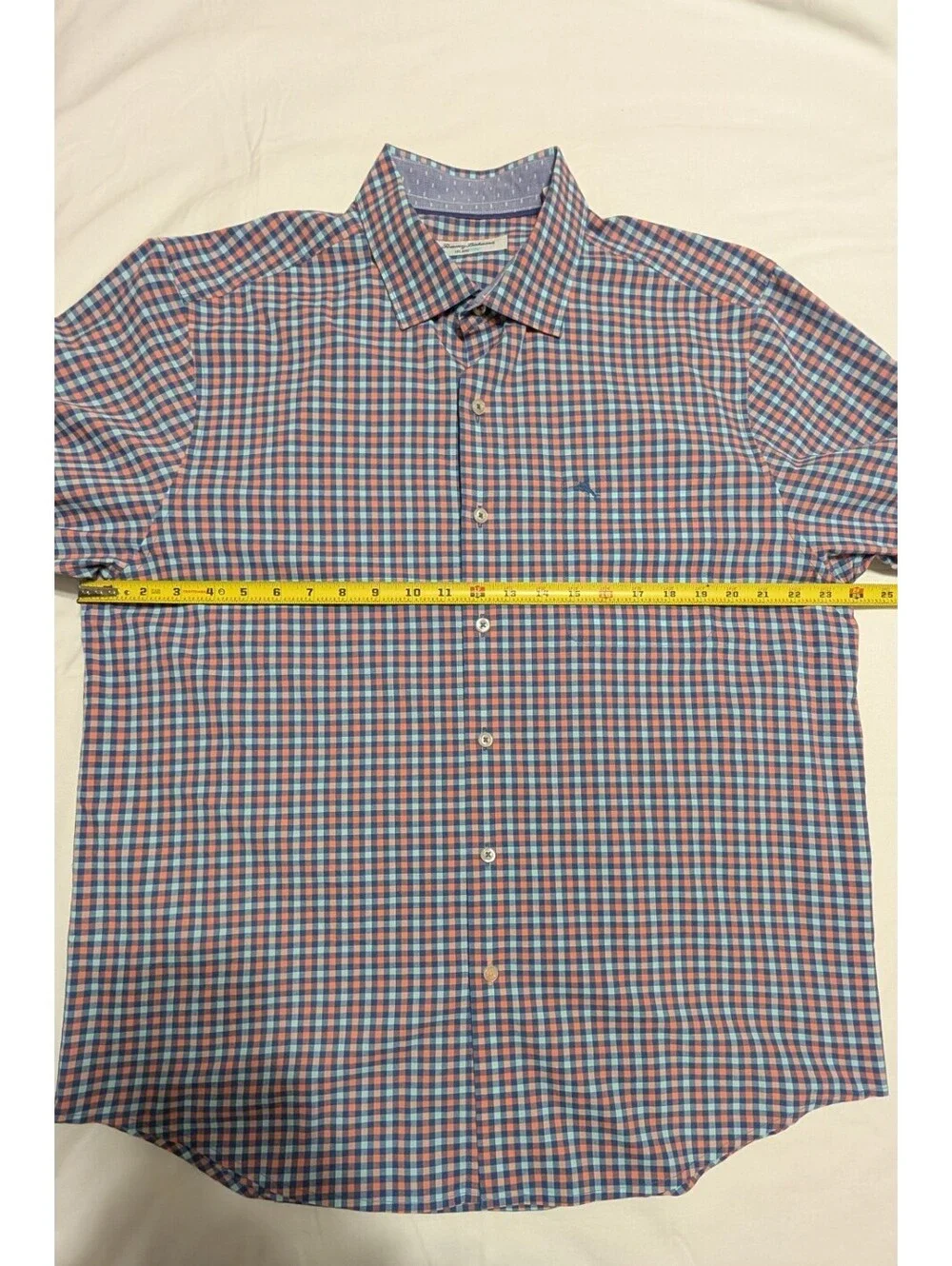 Tommy Bahama IslandZone Mens Large Gingham Button Down Shirt Blue Orange Marlin
